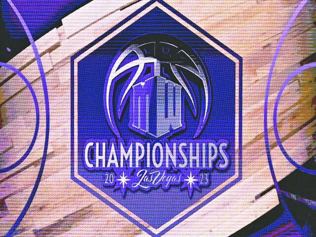 LAS VEGAS, NEVADA - MARCH 11: A Mountain West Conference basketball tournament logo is shown on the scoreboard before the championship game between the San Diego State Aztecs and the Utah State Aggies at the Thomas & Mack Center on March 11, 2023 in Las Vegas, Nevada.