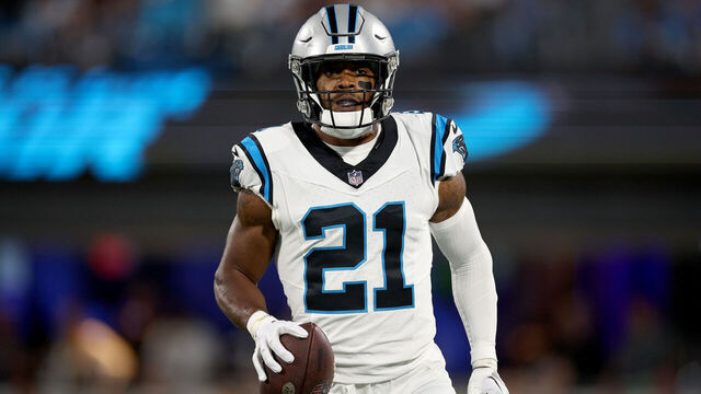 CHARLOTTE, NORTH CAROLINA - SEPTEMBER 18: Jeremy Chinn #21 of the Carolina Panthers reacts to a defensive stop against the New Orleans Saints during the first quarter in the game at Bank of America Stadium on September 18, 2023 in Charlotte, North Carolina.