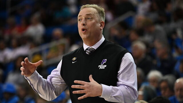 LOS ANGELES, CA - MARCH 18: Head Coach Michael Meek of the Portland Pilots yells to a player during the first round of the 2023 NCAA Women's Basketball Tournament held at UCLA Pauley Pavilion on March 18, 2023 in Los Angeles, California.