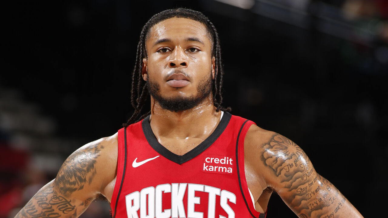 PORTLAND, OR - MARCH 8: Cam Whitmore #7 of the Houston Rockets looks on during the game on March 8, 2024 at the Moda Center Arena in Portland, Oregon. Mandatory Copyright Notice: Copyright 2024 NBAE
