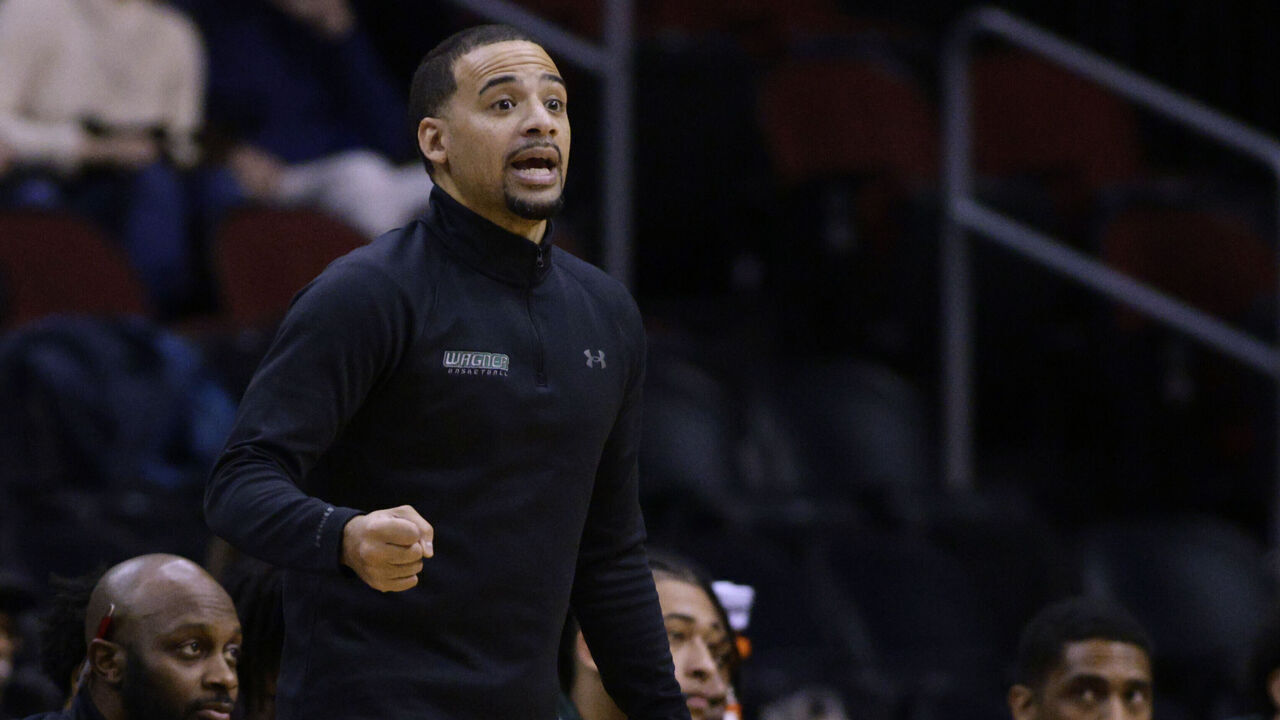 NEWARK, NJ - NOVEMBER 20: Head coach Donald Copeland of the Wagner Seahawks in action against the Seton Hall Pirates during a game at Prudential Center on November 20, 2022 in Newark, New Jersey. Seton Hall defeated Wagner 82-44.