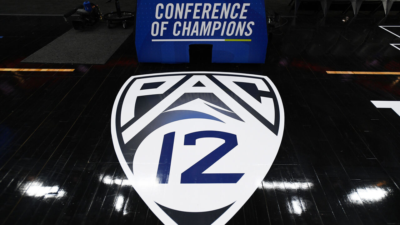 LAS VEGAS, NV - MARCH 11: The Pac-12 logo on the court the first round game of the men's Pac-12 Tournament between the Oregon State Beavers and the Utah Utes on March 11, 2020, at the T-Mobile Arena in Las Vegas, NV.