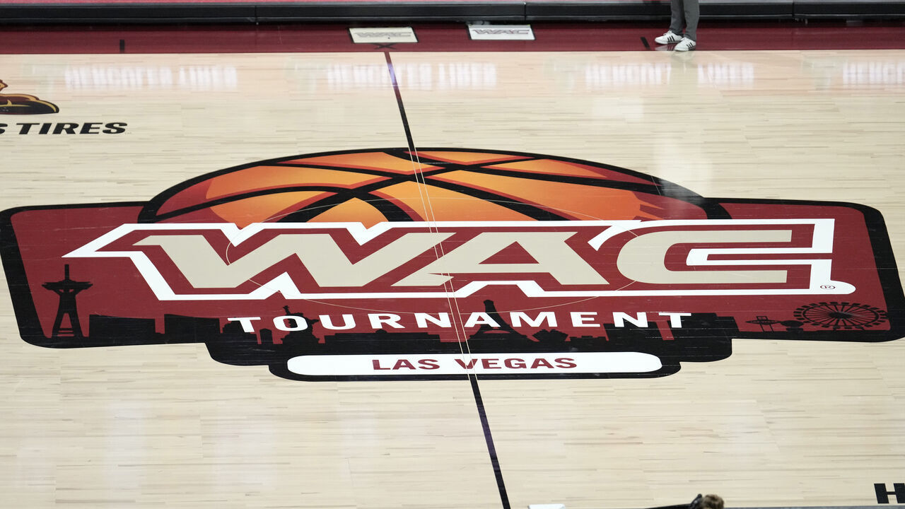 LAS VEGAS, NEVADA - MARCH 11: A Western Athletic Conference basketball tournament logo is shown on the court during the tournament's championship game between the Grand Canyon Antelopes and the Southern Utah Thunderbirds at the Orleans Arena on March 11, 2023 in Las Vegas, Nevada. The Antelopes defeated the Thunderbirds 84-66.