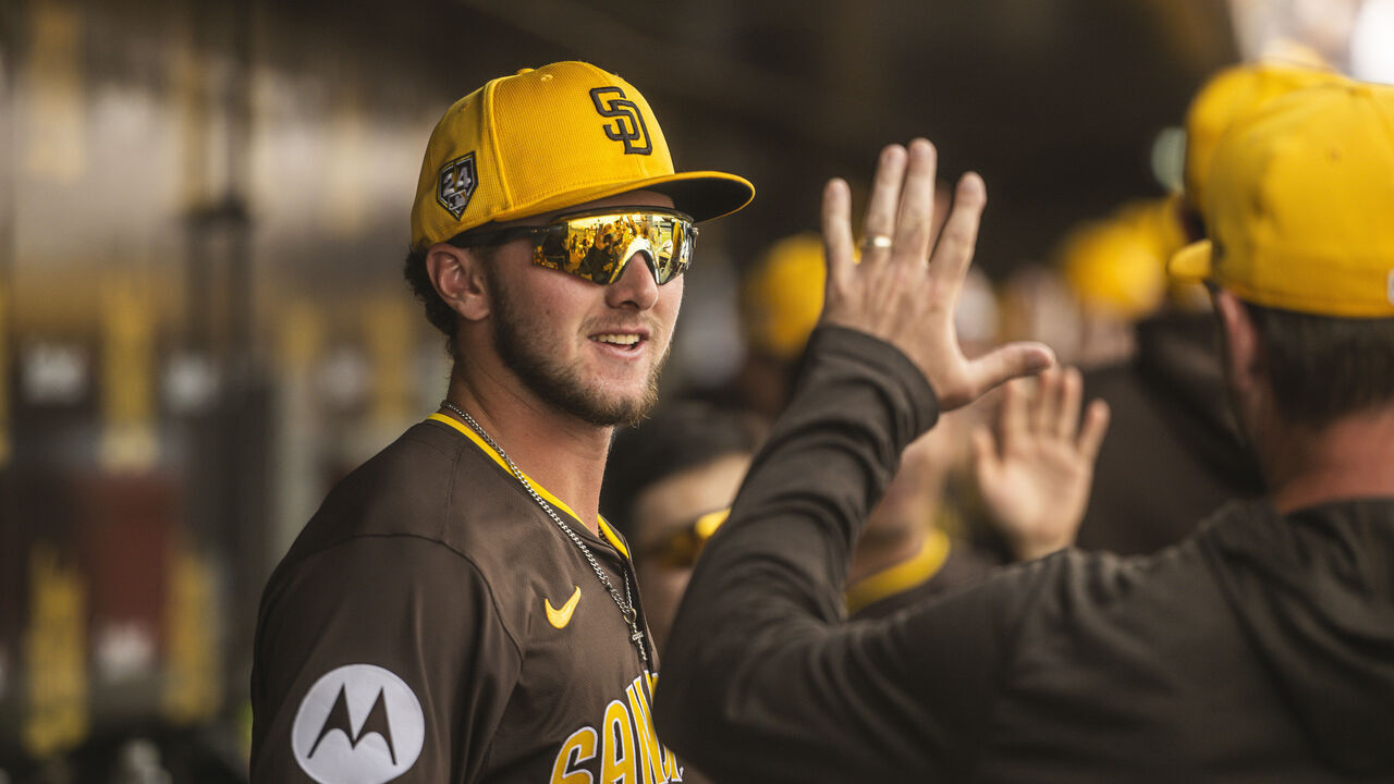 PEORIA, ARIZONA - FEBRUARY 27: Jackson Merrill #70 of the San Diego Padres hangs out in the dugout during a Spring Training game against the Kansas City Royals at the Peoria Stadium on February 27, 2024 in Peoria, Arizona.