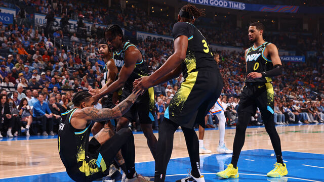 OKLAHOMA CITY, OK - MARCH 12: Aaron Nesmith #23 and Myles Turner #33 of the Indiana Pacers help up Obi Toppin #1 during the game against the Oklahoma City Thunder on March 12, 2024 at Paycom Arena in Oklahoma City, Oklahoma. Mandatory Copyright Notice: Copyright 2024 NBAE