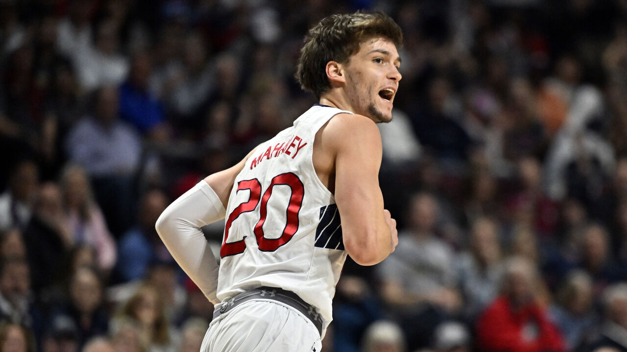 LAS VEGAS, NEVADA - MARCH 12: Aidan Mahaney #20 of the Saint Mary's Gaels calls out in the first half of the championship game against the Gonzaga Bulldogs in the West Coast Conference basketball tournament at the Orleans Arena on March 12, 2024 in Las Vegas, Nevada.