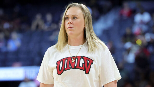 LAS VEGAS, NEVADA - AUGUST 31: Head women's basketball coach Lindy La Rocque of the UNLV Rebels is introduced during a game between the Washington Mystics and the Las Vegas Aces at Michelob ULTRA Arena on August 31, 2023 in Las Vegas, Nevada. The Aces defeated the Mystics 84-75.