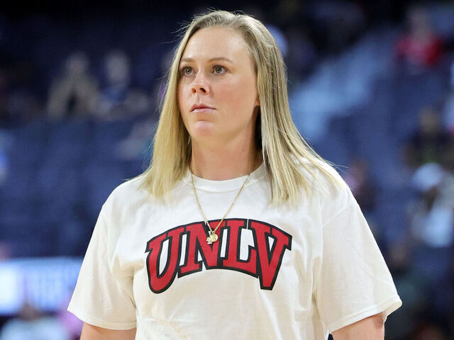 LAS VEGAS, NEVADA - AUGUST 31: Head women's basketball coach Lindy La Rocque of the UNLV Rebels is introduced during a game between the Washington Mystics and the Las Vegas Aces at Michelob ULTRA Arena on August 31, 2023 in Las Vegas, Nevada. The Aces defeated the Mystics 84-75.