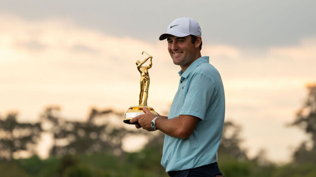 PONTE VEDRA BEACH, FLORIDA - MARCH 12: Scottie Scheffler poses with THE PLAYERS Championship trophy after winning during the final round of THE PLAYERS Championship at Stadium Course at TPC Sawgrass on March 12, 2023 in Ponte Vedra Beach, Florida.