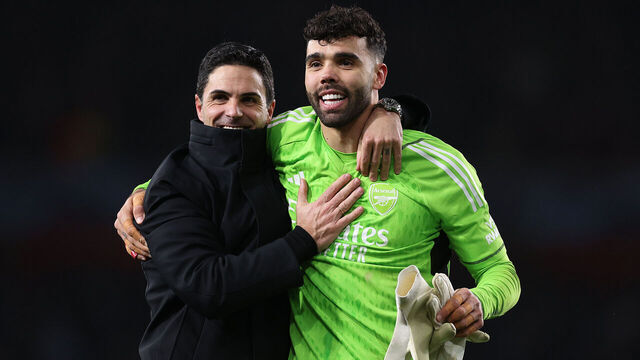 LONDON, ENGLAND - MARCH 12: Mikel Arteta, Manager of Arsenal, and David Raya of Arsenal embrace at full-time after victory in the penalty shoot out following the UEFA Champions League 2023/24 round of 16 second leg match between Arsenal FC and FC Porto at Emirates Stadium on March 12, 2024 in London, England.
