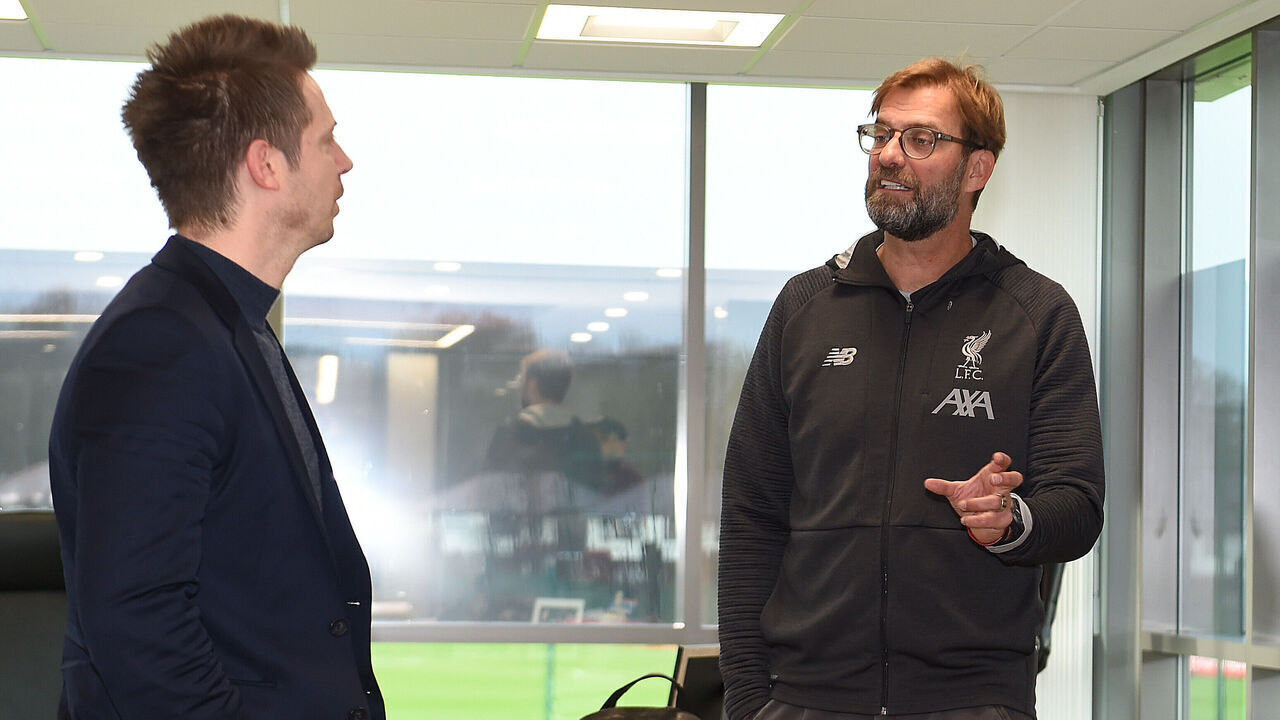 LIVERPOOL, ENGLAND - DECEMBER 13: (THE SUN OUT, THE SUN ON SUNDAY OUT) Jurgen Klopp Signs A Contract Extension and chats with Sporting Director Michael Edwards and Mike Gordon FSG President and Liverpool F.C owner at Melwood Training Ground on December 13, 2019 in Liverpool, England.