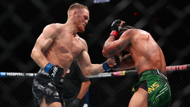 MIAMI, FLORIDA - MARCH 09: Jack Della Maddalena of Australia fights Gilbert Burns of Brazil during their welterweight bout at UFC 299 at Kaseya Center on March 09, 2024 in Miami, Florida.
