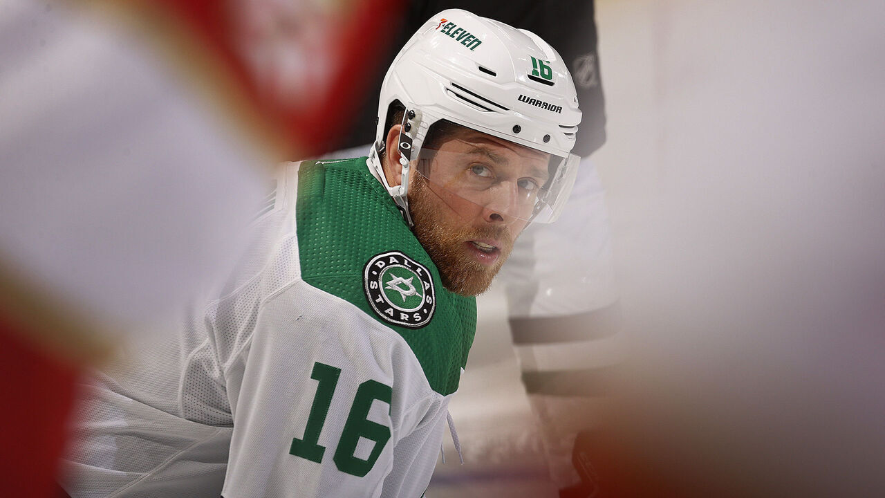 SUNRISE, FLORIDA - DECEMBER 6: Joe Pavelski #16 of the Dallas Stars stretches on the ice during a break in the action against the Florida Panthers at the Amerant Bank Arena on December 6, 2023 in Sunrise, Florida.