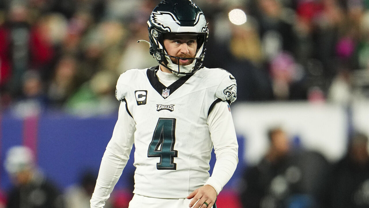 EAST RUTHERFORD, NJ - JANUARY 07: Jake Elliott #4 of the Philadelphia Eagles looks on from the field during an NFL football game against the New York Giants at MetLife Stadium on January 7, 2024 in East Rutherford, New Jersey.