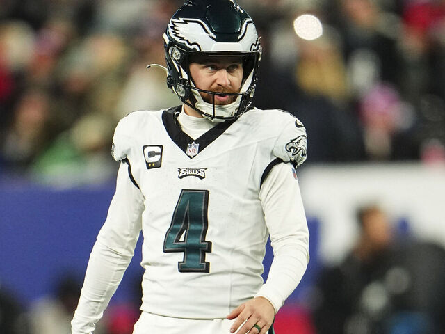 EAST RUTHERFORD, NJ - JANUARY 07: Jake Elliott #4 of the Philadelphia Eagles looks on from the field during an NFL football game against the New York Giants at MetLife Stadium on January 7, 2024 in East Rutherford, New Jersey.