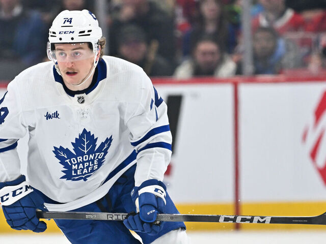 MONTREAL, CANADA - MARCH 09: Bobby McMann #74 of the Toronto Maple Leafs skates against Joshua Roy #89 of the Montreal Canadiens during the third period at the Bell Centre on March 9, 2024 in Montreal, Quebec, Canada. The Toronto Maple Leafs defeated the Montreal Canadiens 3-2.