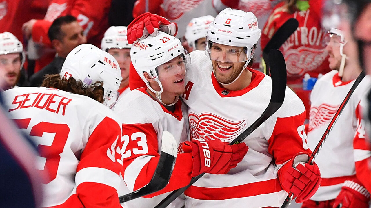 COLUMBUS, OHIO - NOVEMBER 19: Ben Chiarot #8 of the Detroit Red Wings celebrates his second period goal with teammates Lucas Raymond #23 and Moritz Seider #53 of the Detroit Red Wings during a game against the Columbus Blue Jackets at Nationwide Arena on November 19, 2022 in Columbus, Ohio.