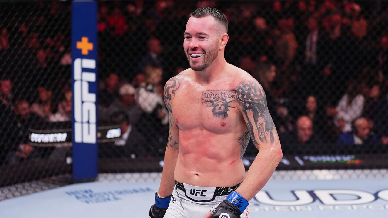 LAS VEGAS, NEVADA - DECEMBER 16: Colby Covington walks to his corner between rounds in the UFC welterweight championship fight during the UFC 296 event at T-Mobile Arena on December 16, 2023 in Las Vegas, Nevada.