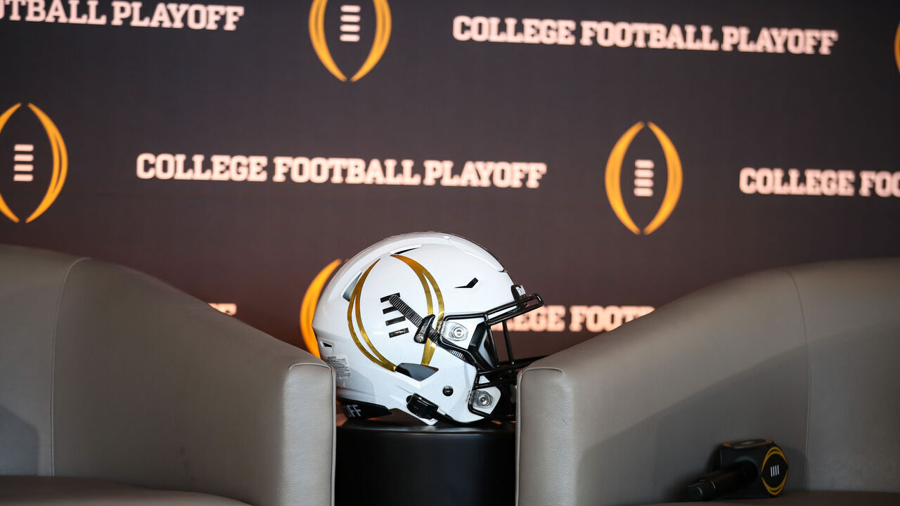 LOS ANGELES, CA - NOVEMBER 19: CFP helmet during the College Football Playoff press conference and media roundtable on November 19, 2022, at Banc of California Stadium in Los Angeles, CA.