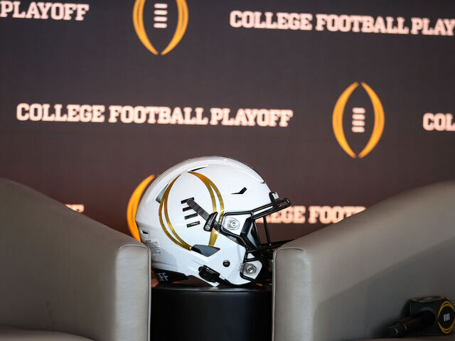 LOS ANGELES, CA - NOVEMBER 19: CFP helmet during the College Football Playoff press conference and media roundtable on November 19, 2022, at Banc of California Stadium in Los Angeles, CA.
