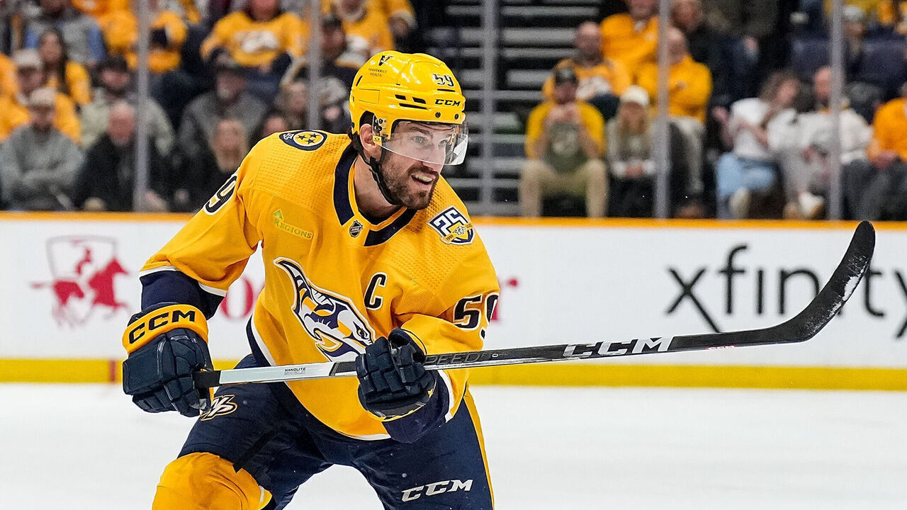 NASHVILLE, TENNESSEE - MARCH 7: Roman Josi #59 of the Nashville Predators skates against the Buffalo Sabres during an NHL game at Bridgestone Arena on March 7, 2024 in Nashville, Tennessee.