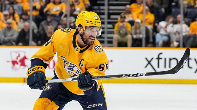 NASHVILLE, TENNESSEE - MARCH 7: Roman Josi #59 of the Nashville Predators skates against the Buffalo Sabres during an NHL game at Bridgestone Arena on March 7, 2024 in Nashville, Tennessee.