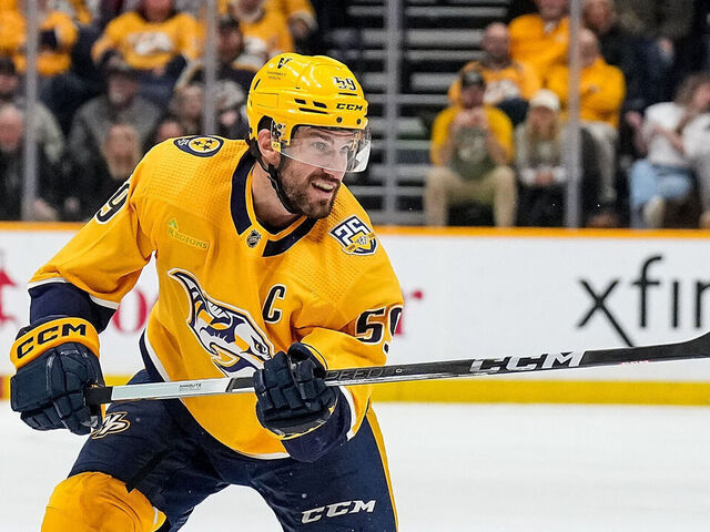 NASHVILLE, TENNESSEE - MARCH 7: Roman Josi #59 of the Nashville Predators skates against the Buffalo Sabres during an NHL game at Bridgestone Arena on March 7, 2024 in Nashville, Tennessee.