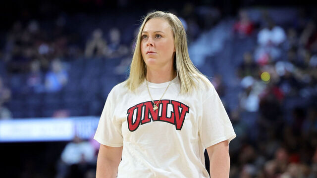 LAS VEGAS, NEVADA - AUGUST 31: Head women's basketball coach Lindy La Rocque of the UNLV Rebels is introduced during a game between the Washington Mystics and the Las Vegas Aces at Michelob ULTRA Arena on August 31, 2023 in Las Vegas, Nevada. The Aces defeated the Mystics 84-75.