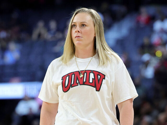 LAS VEGAS, NEVADA - AUGUST 31: Head women's basketball coach Lindy La Rocque of the UNLV Rebels is introduced during a game between the Washington Mystics and the Las Vegas Aces at Michelob ULTRA Arena on August 31, 2023 in Las Vegas, Nevada. The Aces defeated the Mystics 84-75.