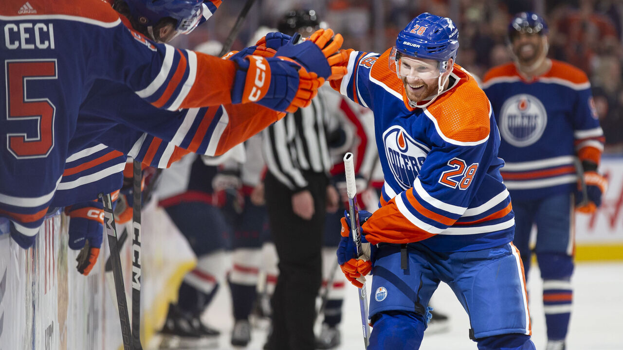 EDMONTON, CANADA - MARCH 13: Connor Brown #28 of the Edmonton Oilers celebrates a goal against the Washington Capitals, his first with the Oilers, during the third period at Rogers Place on March 13, 2024 in Edmonton, Canada.