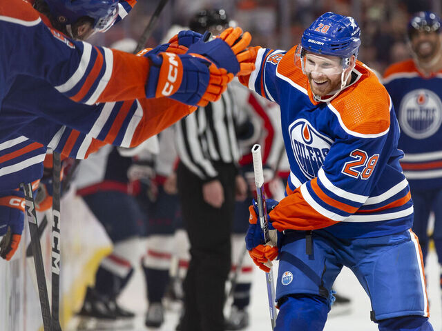 EDMONTON, CANADA - MARCH 13: Connor Brown #28 of the Edmonton Oilers celebrates a goal against the Washington Capitals, his first with the Oilers, during the third period at Rogers Place on March 13, 2024 in Edmonton, Canada.