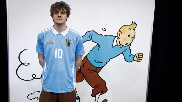 A model presents the Belgian football team's new away jersey paying tribute to Belgian comics series character Tintin at the Herge Museum in Louvain-La-Neuve on March 14, 2024.