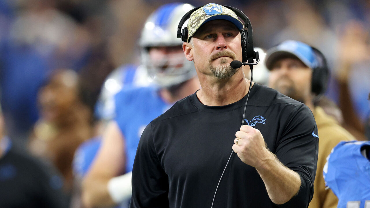 DETROIT, MICHIGAN - NOVEMBER 19: Head coach Dan Campbell celebrates a fourth quarter touchdown during a game against the Chicago Bears at Ford Field on November 19, 2023 in Detroit, Michigan.