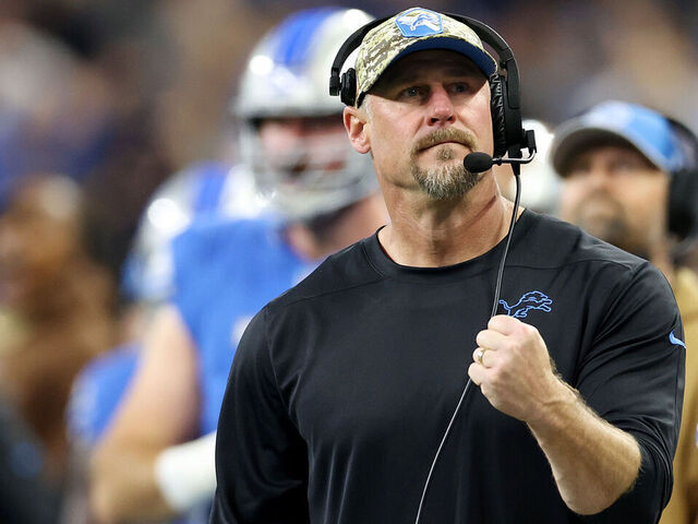 DETROIT, MICHIGAN - NOVEMBER 19: Head coach Dan Campbell celebrates a fourth quarter touchdown during a game against the Chicago Bears at Ford Field on November 19, 2023 in Detroit, Michigan.