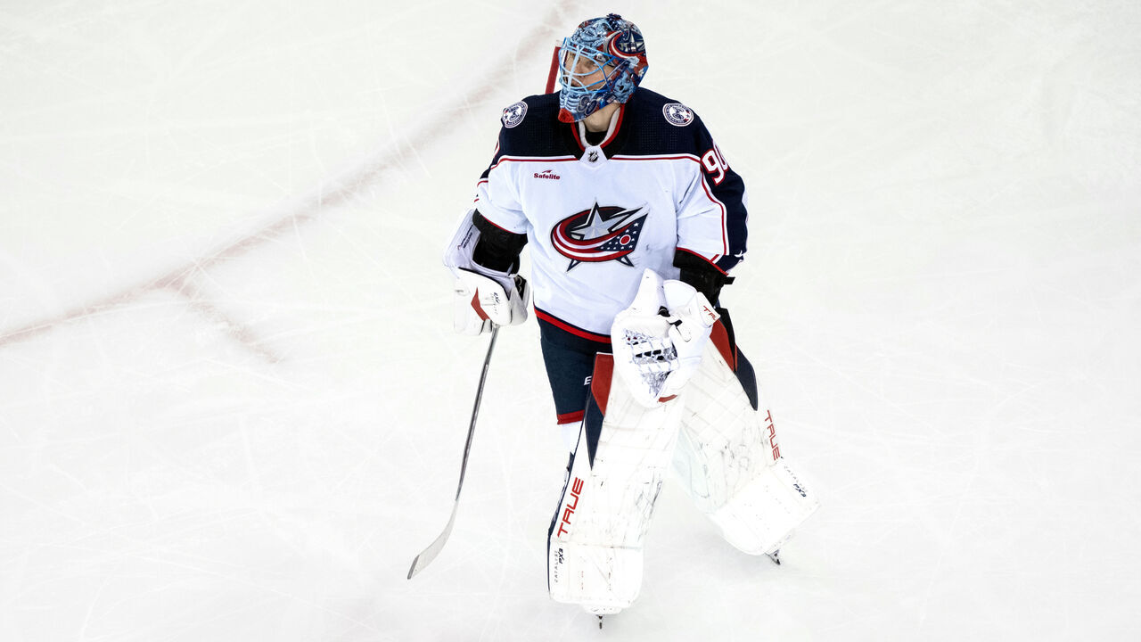 NEW YORK, NEW YORK - FEBRUARY 28: Elvis Merzlikins #90 of the Columbus Blue Jackets skates during the first period of a game against the New York Rangers at Madison Square Garden on February 28, 2024 in New York City.