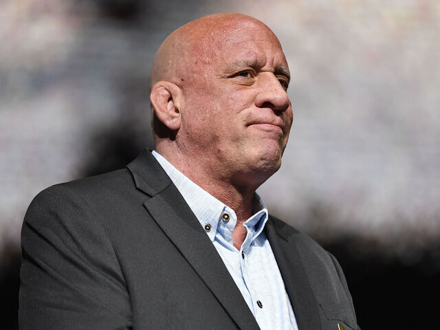 LAS VEGAS, NEVADA - SEPTEMBER 23: UFC Hall of Famer Mark Coleman stands on stage as his longtime friend and teammate, the late Kevin Randleman, is inducted into the UFC Hall of Fame during the UFC Hall of Fame Class of 2020 Induction Ceremony at Park Theater at Park MGM on September 23, 2021 in Las Vegas, Nevada.