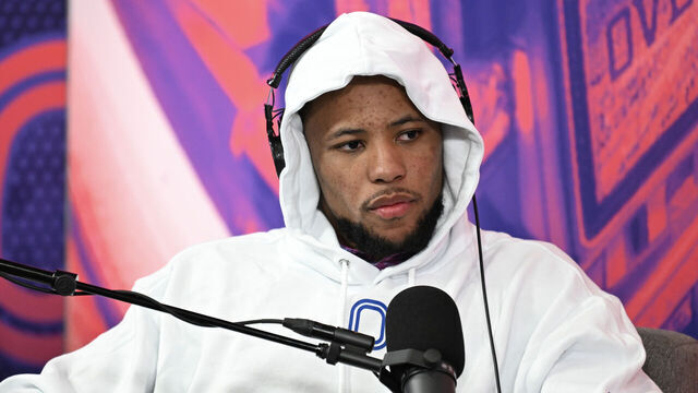 LAS VEGAS, NEVADA - FEBRUARY 09: Saquon Barkley is interviewed at Radio Row at the Mandalay Bay Convention Center ahead of Super Bowl LVIII on February 09, 2024 in Las Vegas, Nevada.