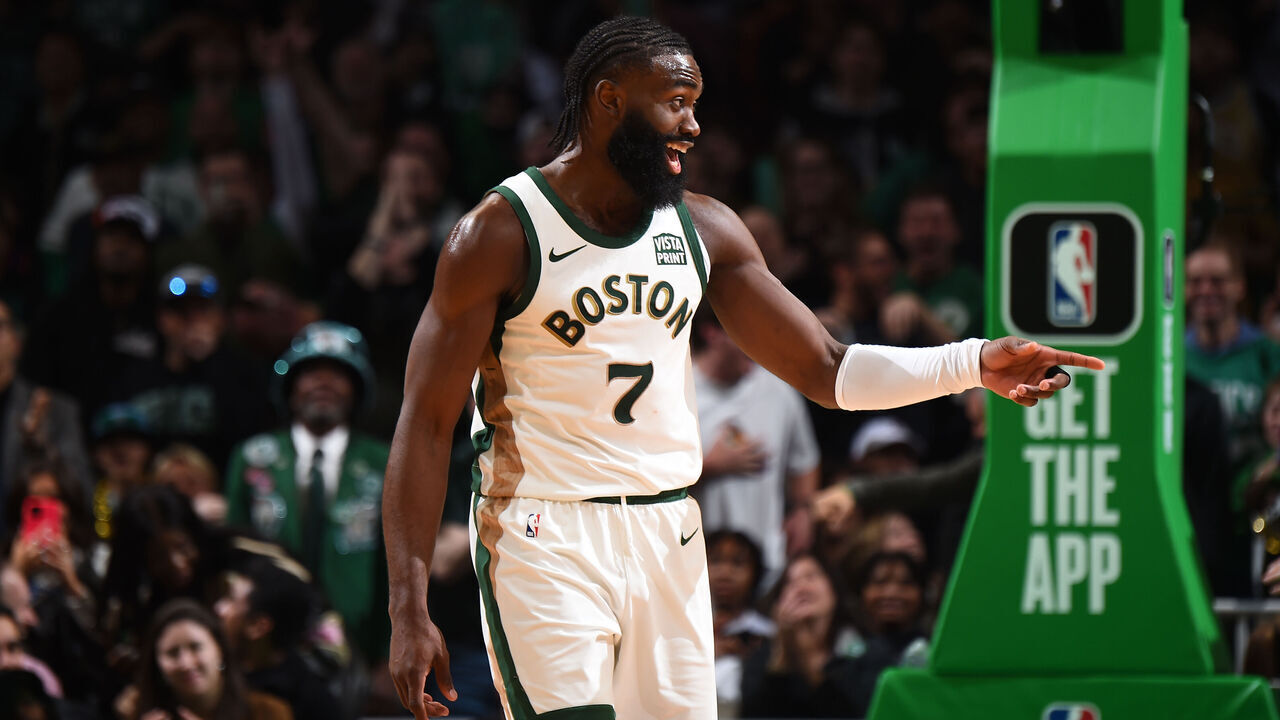 BOSTON, MA - MARCH 14: Jaylen Brown #7 of the Boston Celtics celebrates during the game against the Phoenix Suns on March 14, 2024 at the TD Garden in Boston, Massachusetts. Mandatory Copyright Notice: Copyright 2024 NBAE