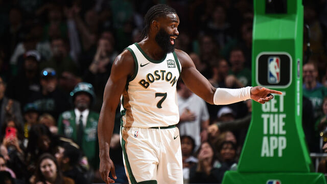 BOSTON, MA - MARCH 14: Jaylen Brown #7 of the Boston Celtics celebrates during the game against the Phoenix Suns on March 14, 2024 at the TD Garden in Boston, Massachusetts. Mandatory Copyright Notice: Copyright 2024 NBAE