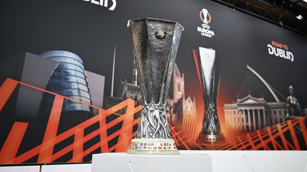 NYON, SWITZERLAND - MARCH 15: The UEFA Europa League trophy on display prior to the UEFA Europa League 2023/24 Quarter-finals And Semi-finals Draw at the UEFA Headquarters, The House of the European Football, on March 15, 2024 in Nyon, Switzerland