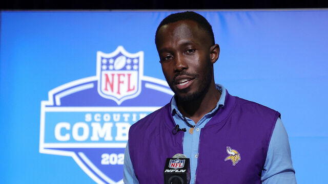 INDIANAPOLIS, INDIANA - FEBRUARY 28: General Manager Kwesi Adofo-Mensah of the Minnesota Vikings speaks to the media during the NFL Combine at the Indiana Convention Center on February 28, 2023 in Indianapolis, Indiana.