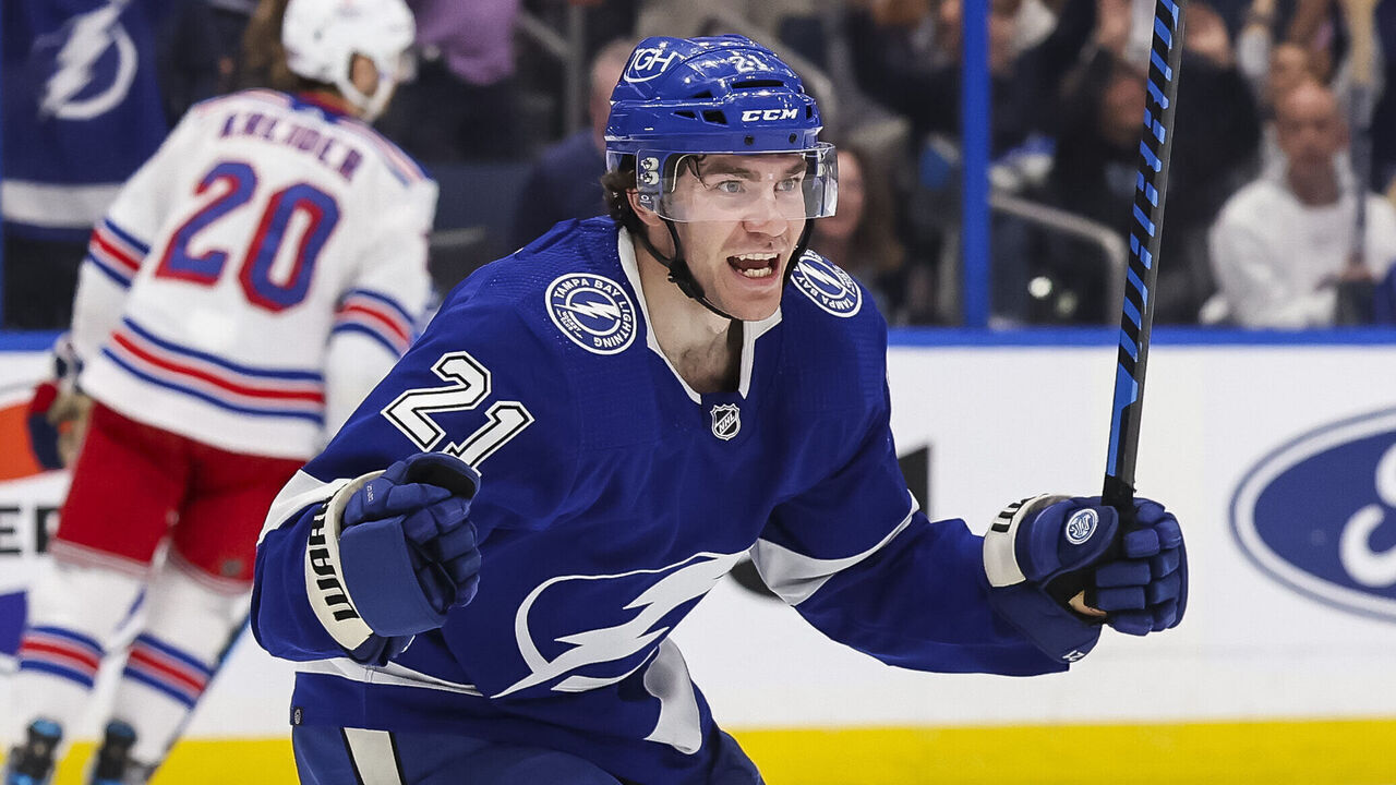 TAMPA, FL - MARCH 14: Brayden Point #21 of the Tampa Bay Lightning celebrates a goal against the New York Rangers during the third period at Amalie Arena on March 14, 2024 in Tampa, Florida.