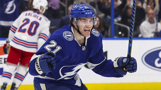 TAMPA, FL - MARCH 14: Brayden Point #21 of the Tampa Bay Lightning celebrates a goal against the New York Rangers during the third period at Amalie Arena on March 14, 2024 in Tampa, Florida.