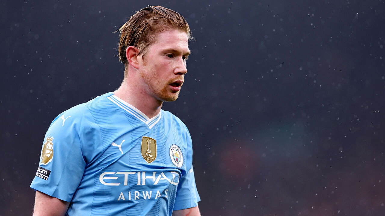 LIVERPOOL, ENGLAND - MARCH 10: Kevin De Bruyne of Manchester City looks on during the Premier League match between Liverpool FC and Manchester City at Anfield on March 10, 2024 in Liverpool, England.