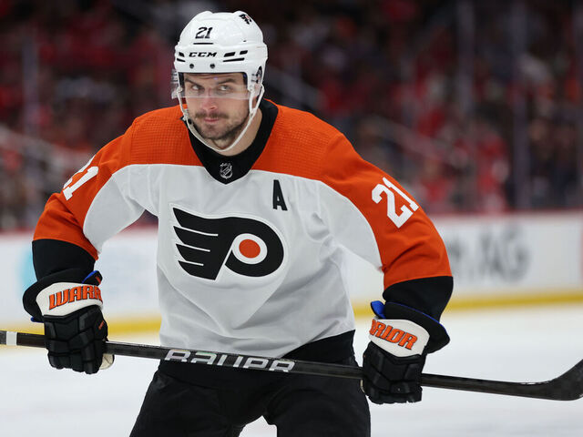WASHINGTON, DC - MARCH 01: Scott Laughton #21 of the Philadelphia Flyers skates against the Washington Capitals during the first period at Capital One Arena on March 1, 2024 in Washington, DC.