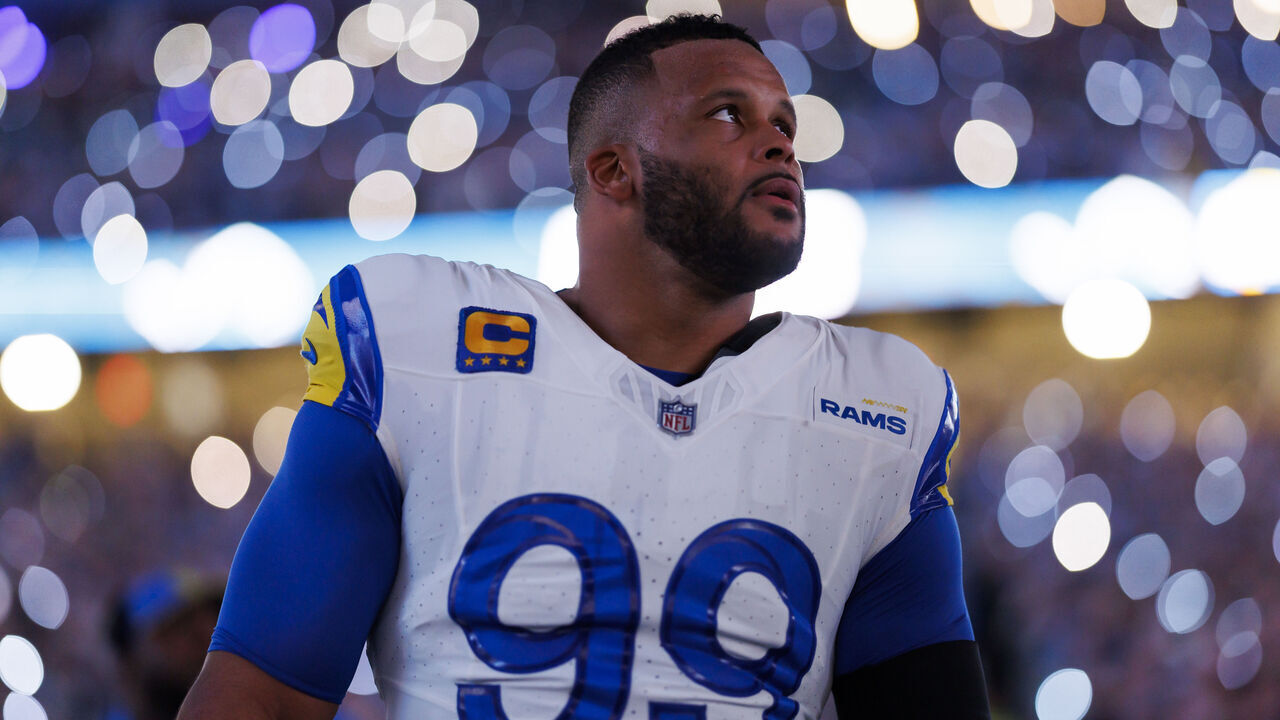 DETROIT, MICHIGAN - JANUARY 14: Aaron Donald #99 of the Los Angeles Rams looks on from the sideline prior to an NFC Wild Card Playoff football game against the Detroit Lions at Ford Field on January 14, 2024 in Detroit, Michigan.