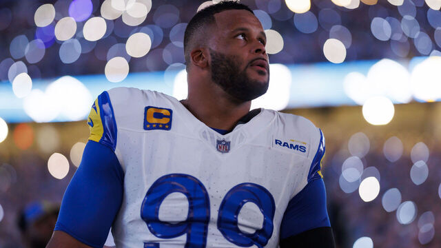 DETROIT, MICHIGAN - JANUARY 14: Aaron Donald #99 of the Los Angeles Rams looks on from the sideline prior to an NFC Wild Card Playoff football game against the Detroit Lions at Ford Field on January 14, 2024 in Detroit, Michigan.