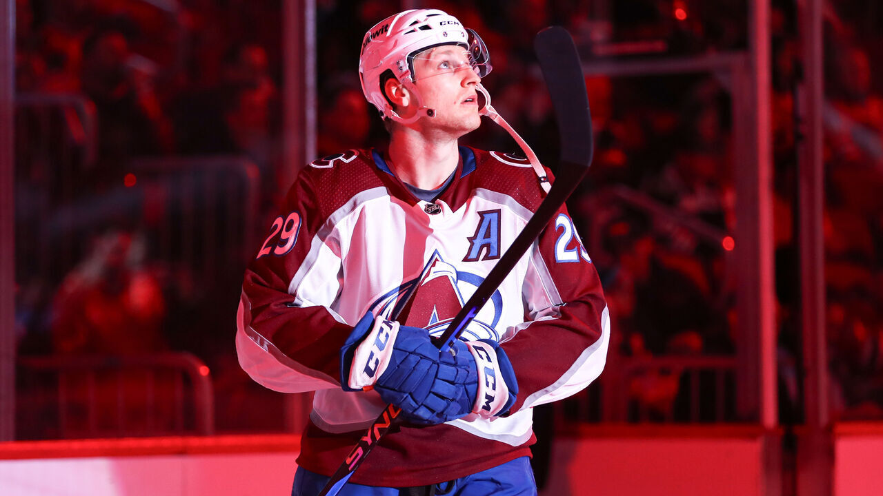 CHICAGO, IL - FEBRUARY 29: Nathan MacKinnon #29 of the Colorado Avalanche looks on before the start of the first period against the Chicago Blackhawks at the United Center on February, 29, 2024 in Chicago, Illinois.
