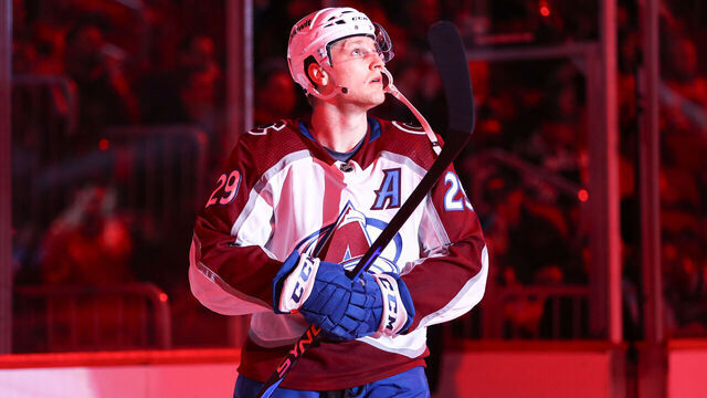 CHICAGO, IL - FEBRUARY 29: Nathan MacKinnon #29 of the Colorado Avalanche looks on before the start of the first period against the Chicago Blackhawks at the United Center on February, 29, 2024 in Chicago, Illinois.