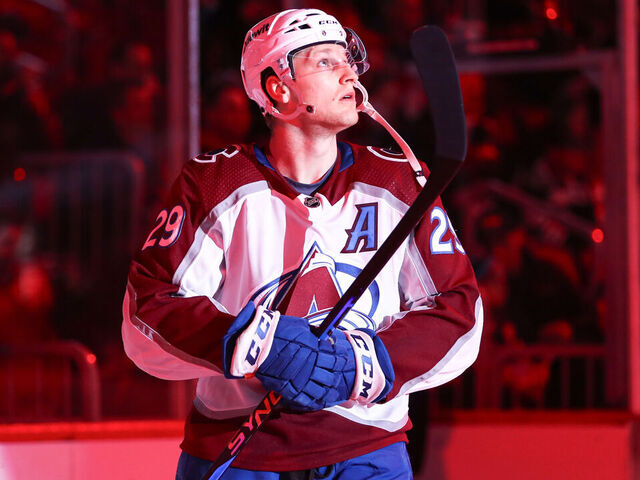 CHICAGO, IL - FEBRUARY 29: Nathan MacKinnon #29 of the Colorado Avalanche looks on before the start of the first period against the Chicago Blackhawks at the United Center on February, 29, 2024 in Chicago, Illinois.